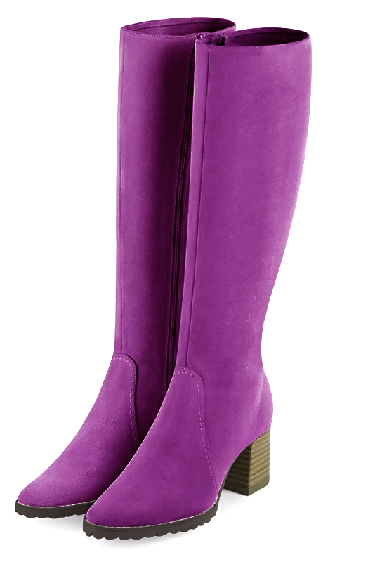 Mauve purple women's riding knee-high boots. Round toe. Medium block heels. Made to measure. Front view - Florence KOOIJMAN